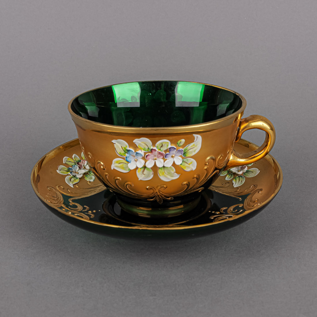 Bohemian Style Hand-Painted Enamel & Gold Green Glass Tea Set