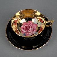 PARAGON Cup & Saucer A3921 HP Cabbage Rose, Gold & Black