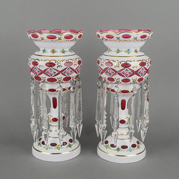 Bohemian Style Hand Painted White Cased Glass Lustres Set of 2