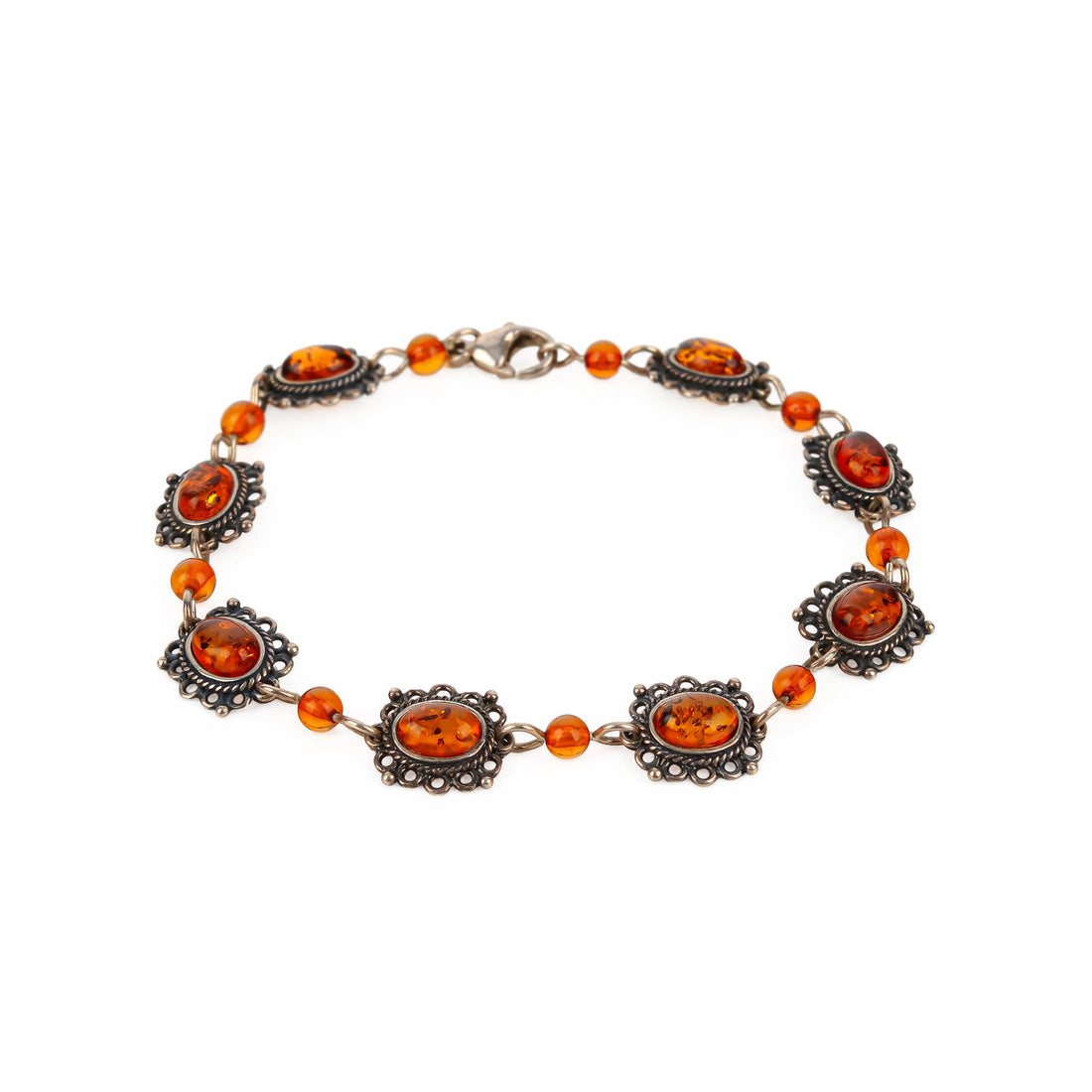 Sterling Silver Amber Cabochon Link Bracelet