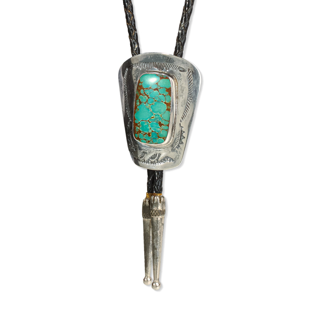 Sterling Silver Etched Turquoise Leather Bolo Tie