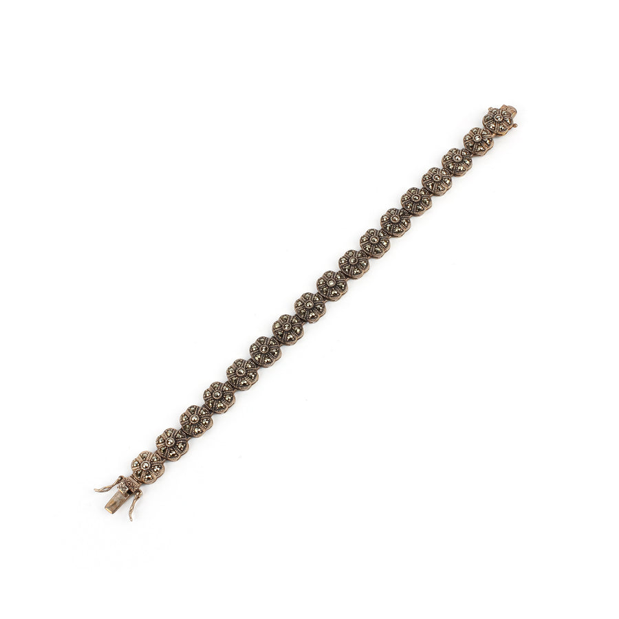Sterling Silver Marcasite Flower Cluster Link Bracelet