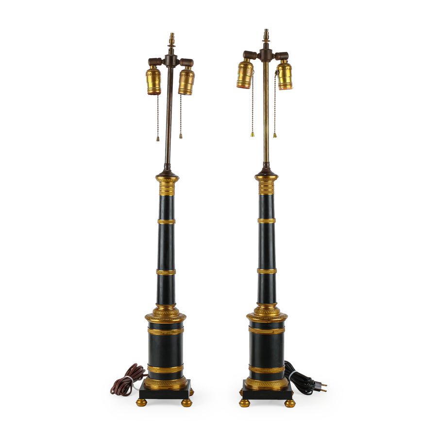Vintage Brass & Ormolu Column Table Lamps - Set of 2