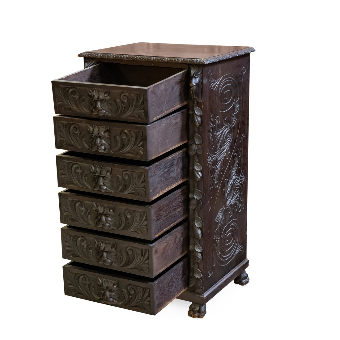 Vintage Carved Blackened Oak Drawers