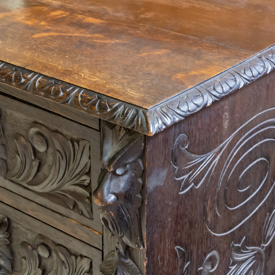Vintage Carved Blackened Oak Drawers