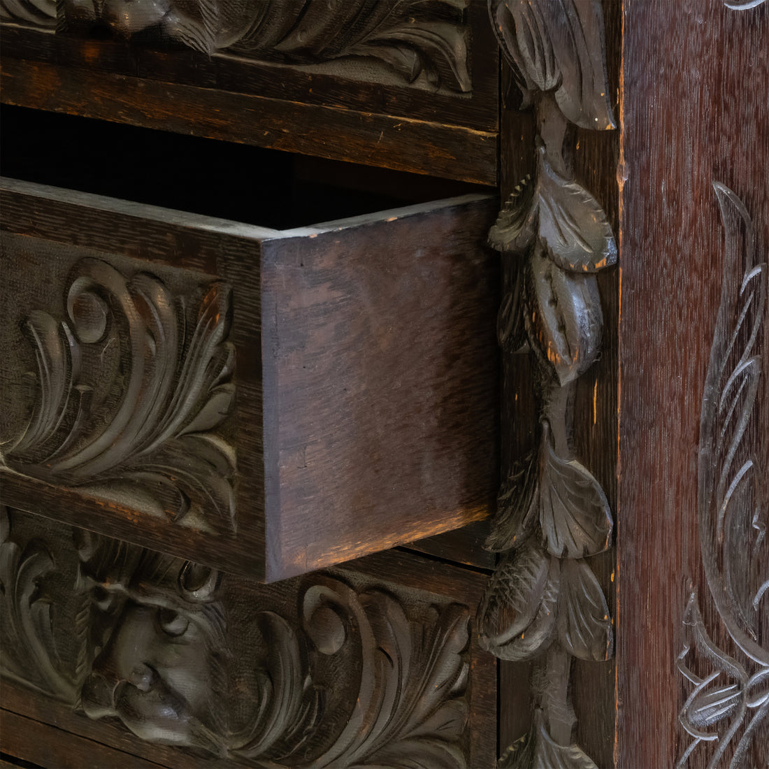 Vintage Carved Blackened Oak Drawers