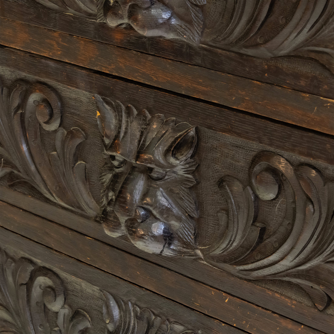 Vintage Carved Blackened Oak Drawers