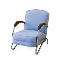 Vintage Chrome & Wood Armchair with Blue Upholstery