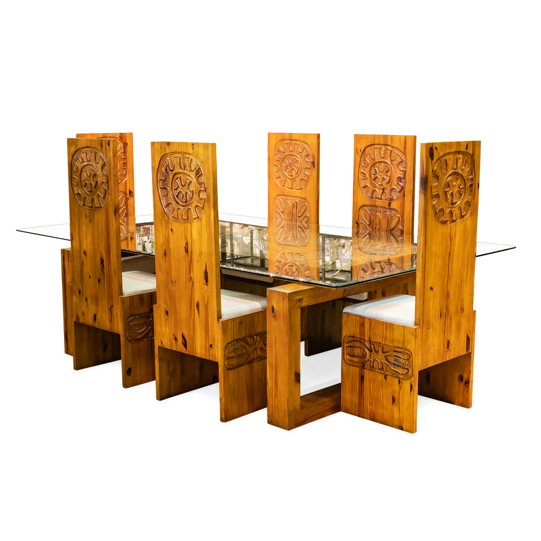 Vintage Glass Top Yellow Wood Brutalist Style Table & 6 Chairs