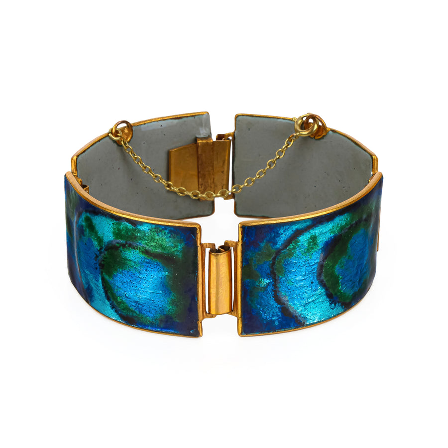 Vintage Midcentury Modern Blue & Green Enamel Panel Bracelet