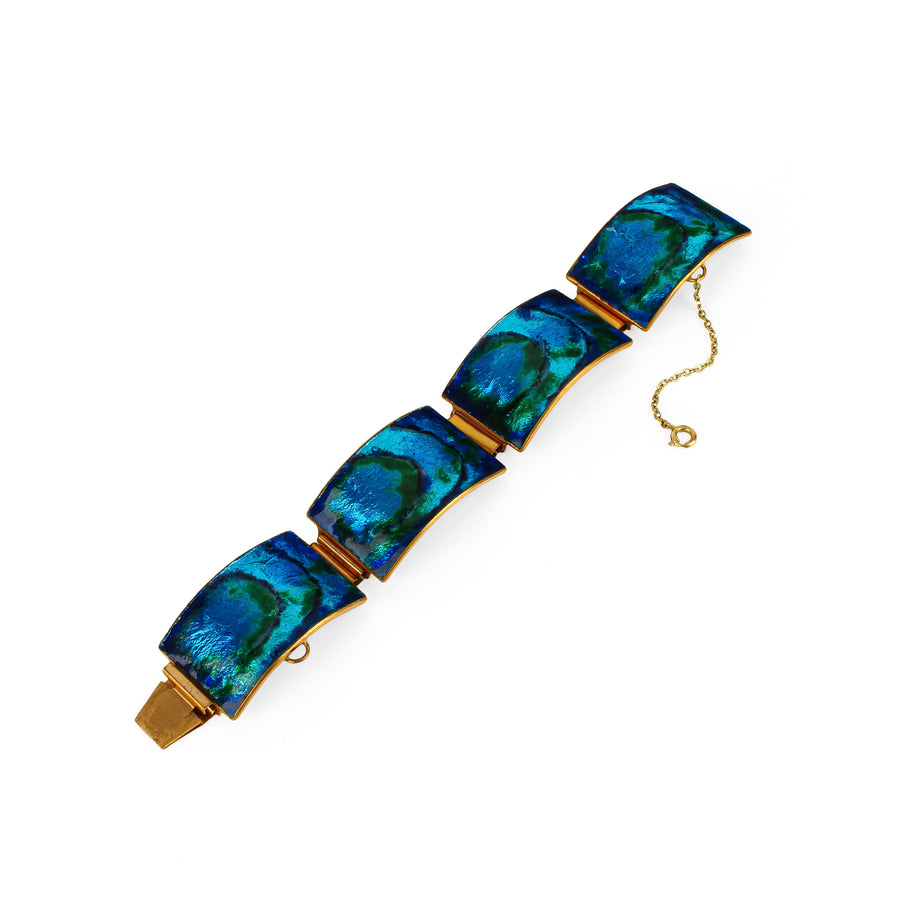 Vintage Midcentury Modern Blue & Green Enamel Panel Bracelet