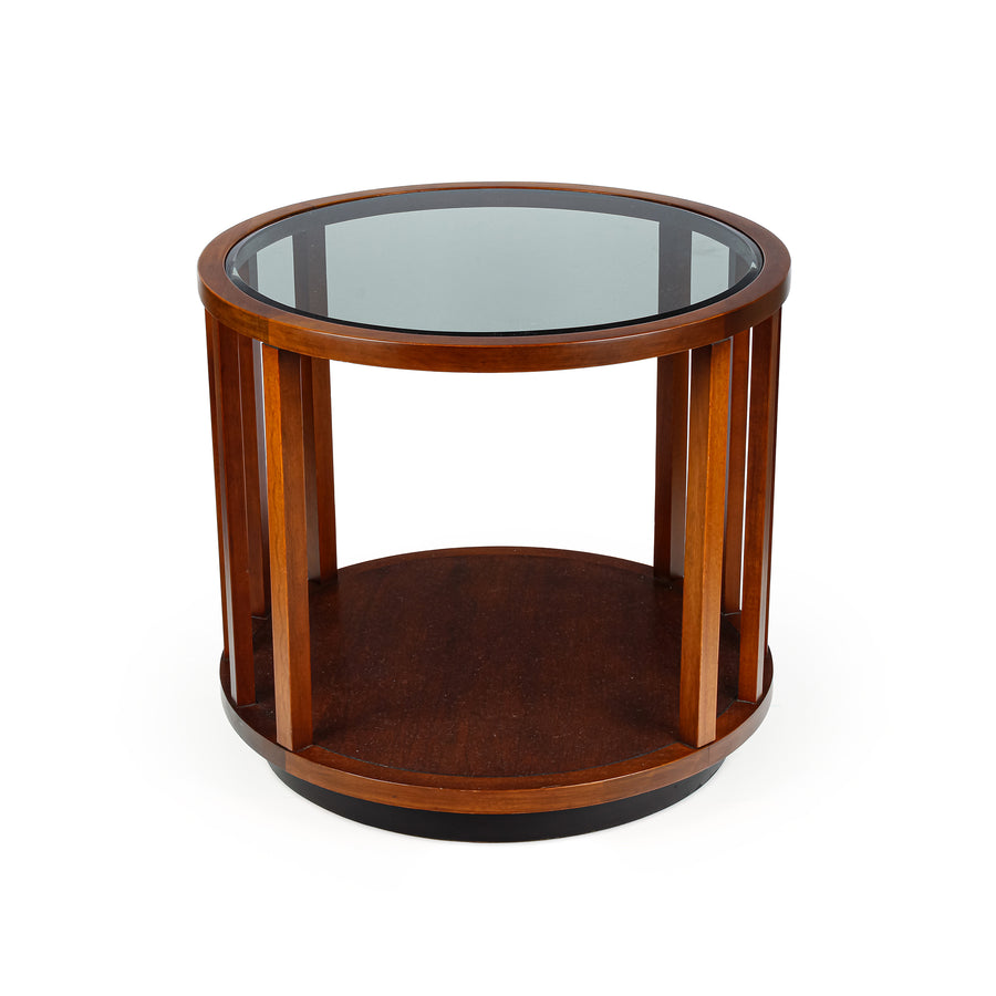 Vintage Round Walnut Midcentury Modern Table with Smoked Glass Top