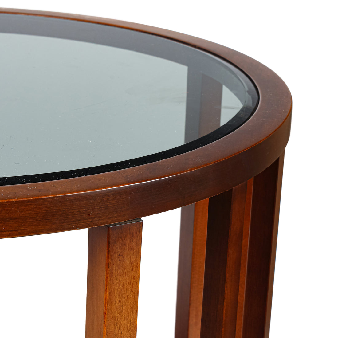 Vintage Round Walnut Midcentury Modern Table with Smoked Glass Top