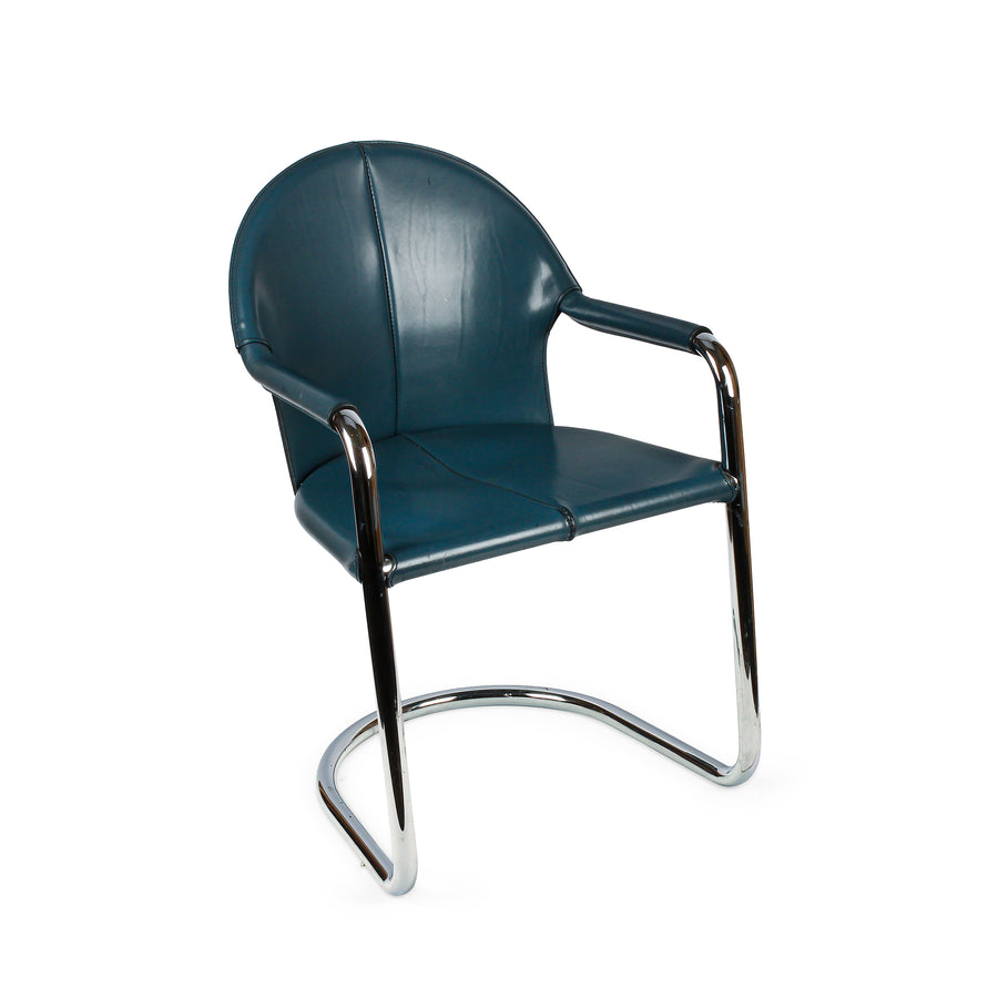 Vintage Tubular Chrome Blue Leather Chair