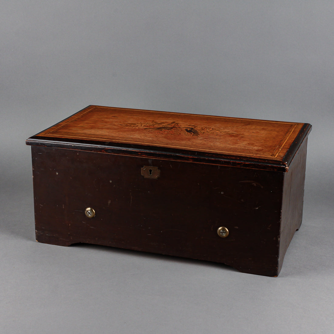 Vintage Inlaid Wood Cylinder, Drum & Bells Music Box