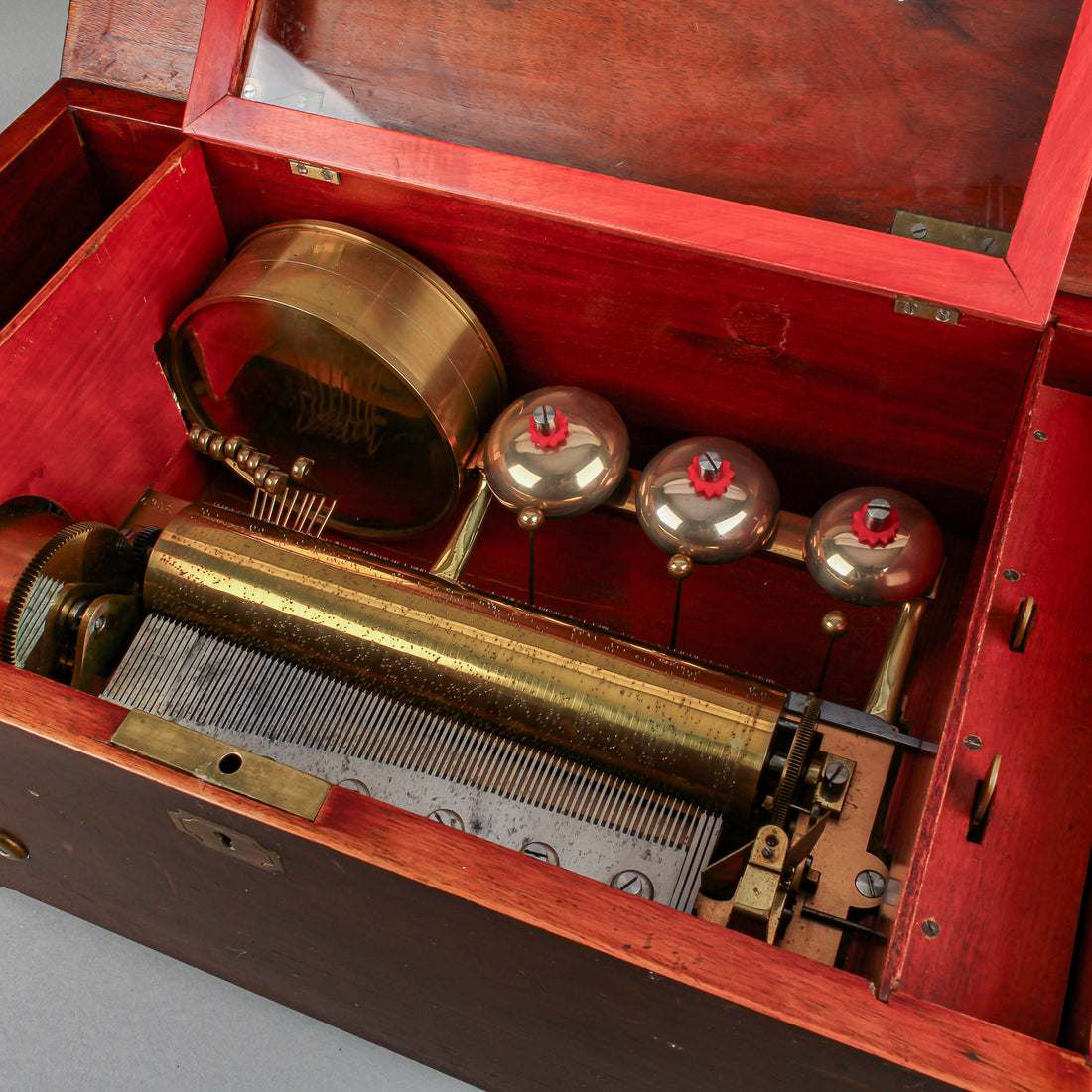 Vintage Inlaid Wood Cylinder, Drum & Bells Music Box