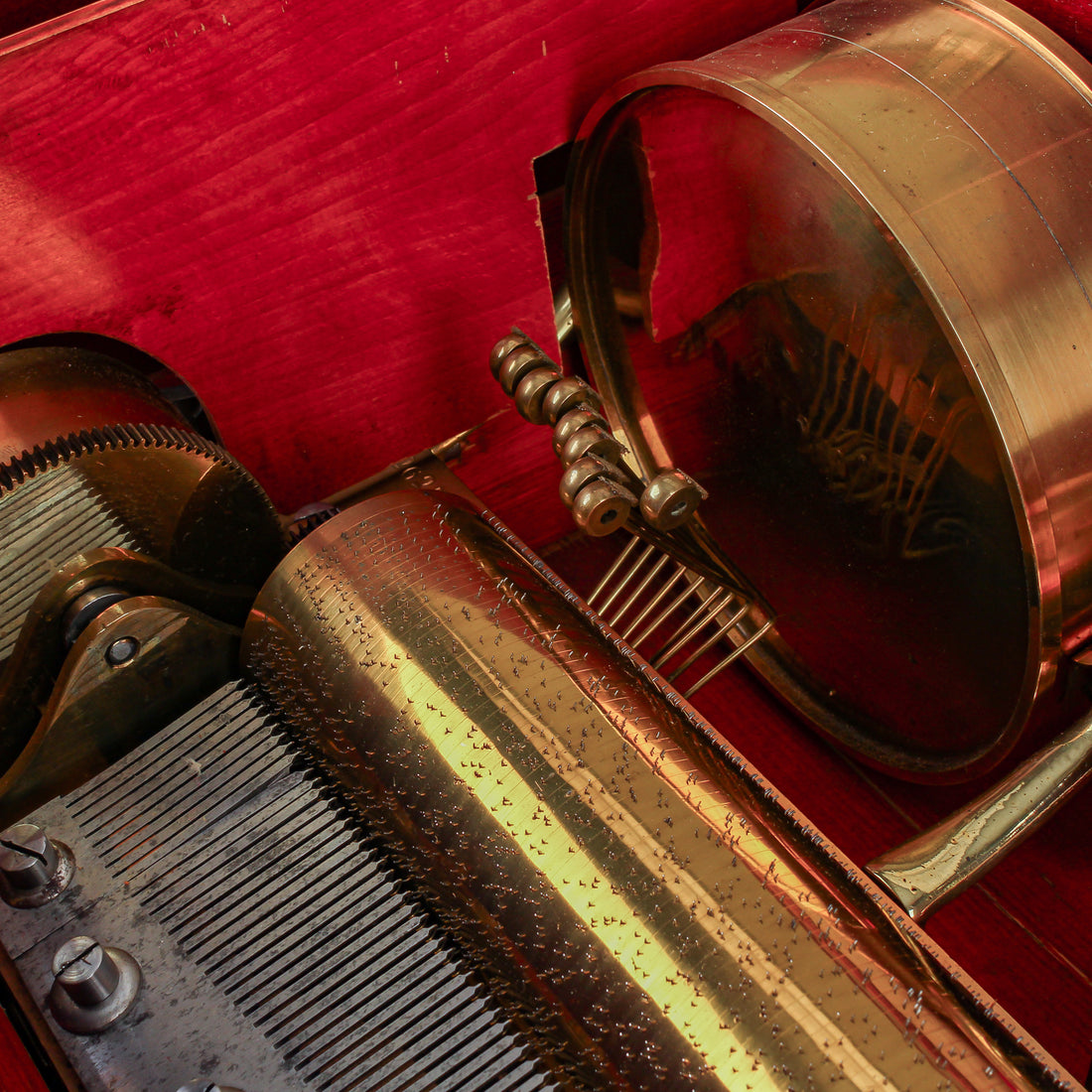 Vintage Inlaid Wood Cylinder, Drum & Bells Music Box