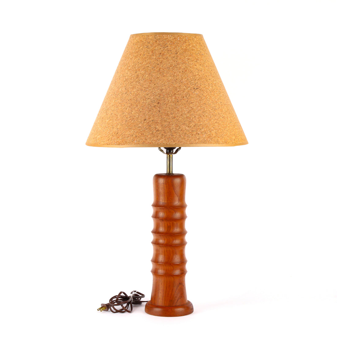 Vintage Turned Teak Table Lamp with Cork Shade
