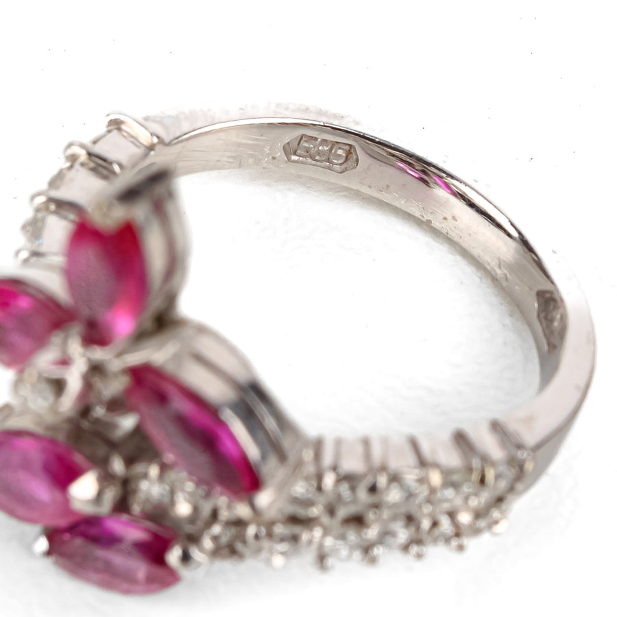 14K White Gold Ruby Diamond Flower Crossover Ring