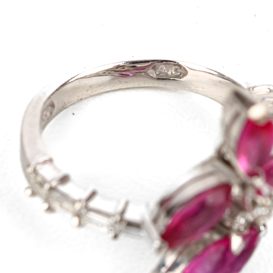 14K White Gold Ruby Diamond Flower Crossover Ring