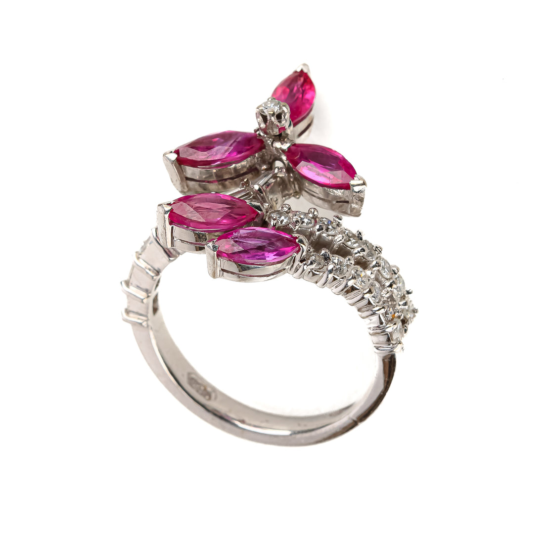 14K White Gold Ruby Diamond Flower Crossover Ring