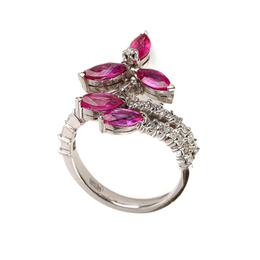 14K White Gold Ruby Diamond Flower Crossover Ring