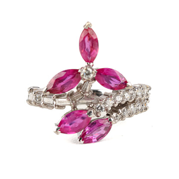 14K White Gold Ruby Diamond Flower Crossover Ring