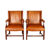 Wood Framed Tan Leather Armchairs - Set of 2