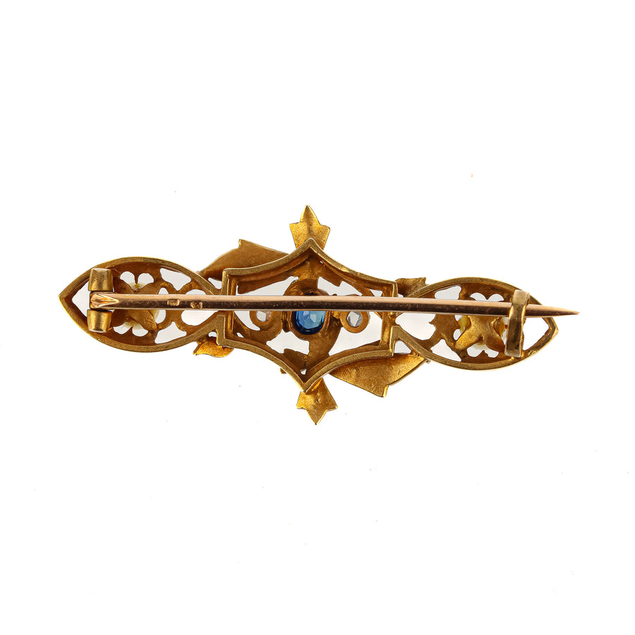 18K Yellow Gold Sapphire Pearl Diamond Leaf Brooch