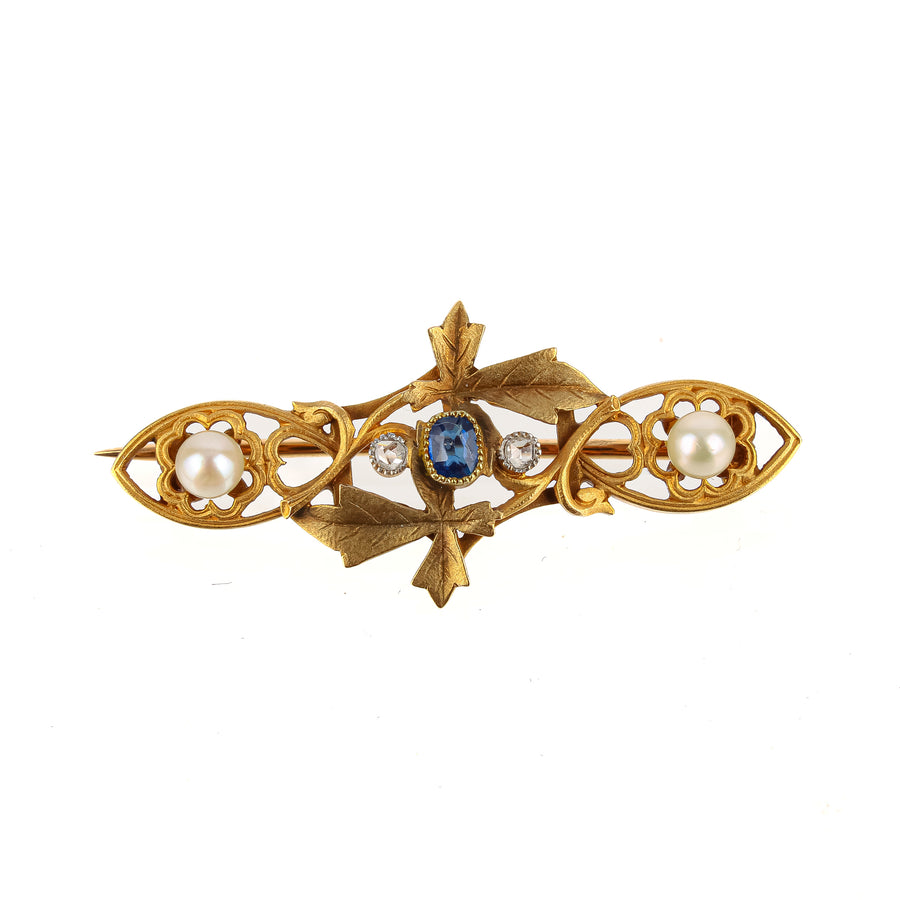 18K Yellow Gold Sapphire Pearl Diamond Leaf Brooch