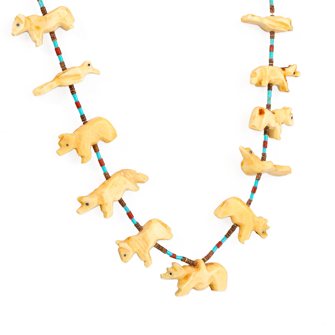 Zuni Fossilized Ivory, Turquoise, Coral, & Shell Fetish Necklace