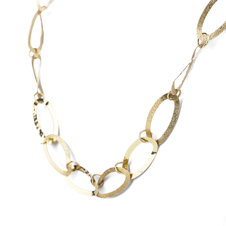 14K Yellow Gold Textured Oval Link Long Necklace