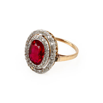 10K Yellow Gold & Platinum Oval Synthetic Ruby & Diamond Halo Ring
