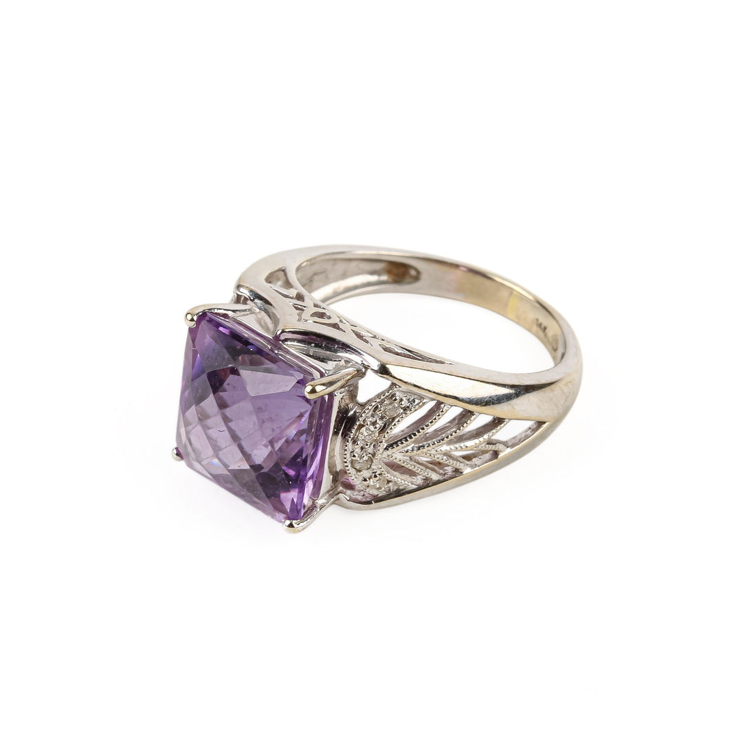 14K White Gold Checkerboard Amethyst Ring