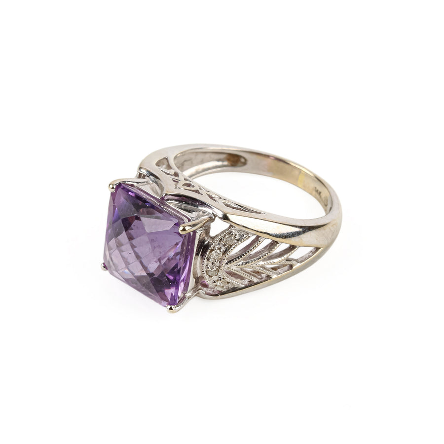 14K White Gold Checkerboard Amethyst Ring