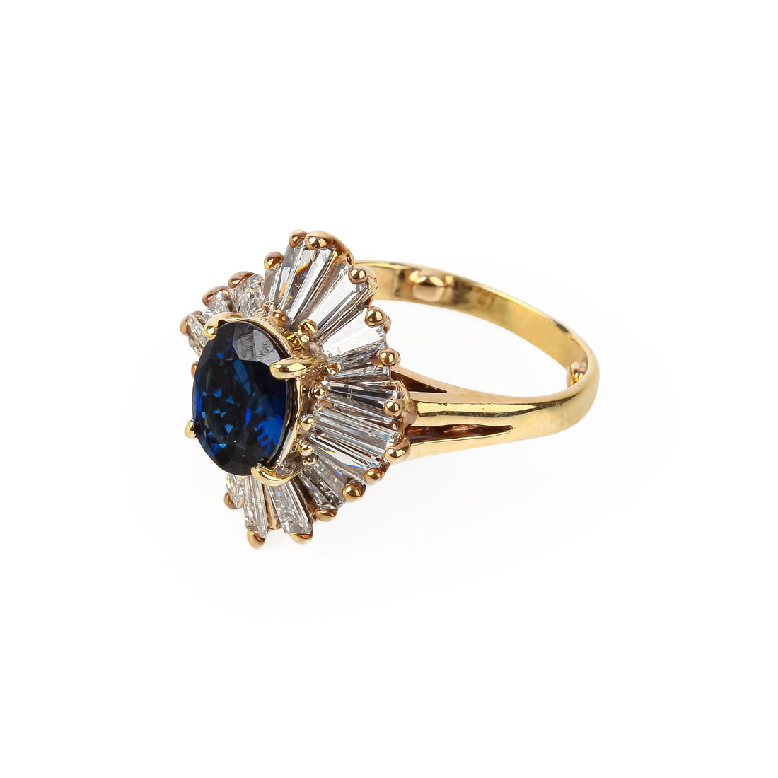 14K Yellow Gold Oval Sapphire & Diamond Baguette Ring