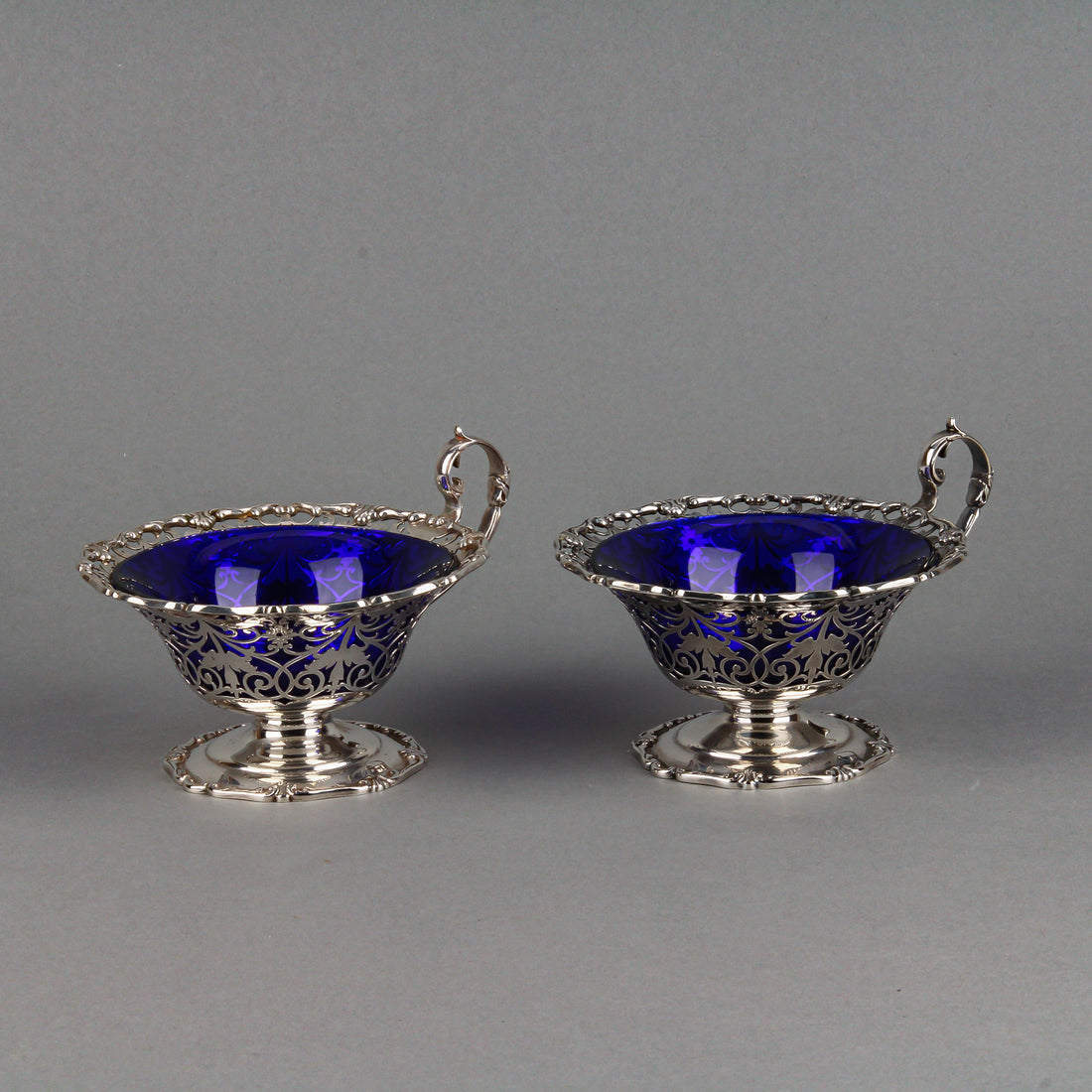 MAPPIN & WEBB Sterling Silver Footed Bowls with Handle & Cobalt Liner - Set of 2