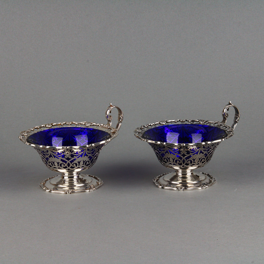 MAPPIN & WEBB Sterling Silver Footed Bowls with Handle & Cobalt Liner - Set of 2