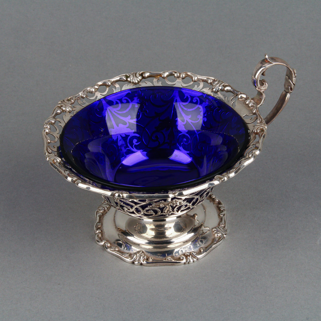 MAPPIN & WEBB Sterling Silver Footed Bowls with Handle & Cobalt Liner - Set of 2