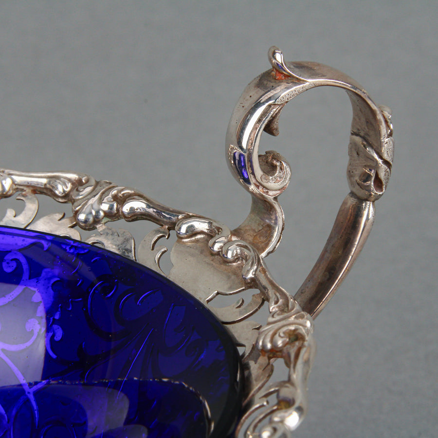 MAPPIN & WEBB Sterling Silver Footed Bowls with Handle & Cobalt Liner - Set of 2