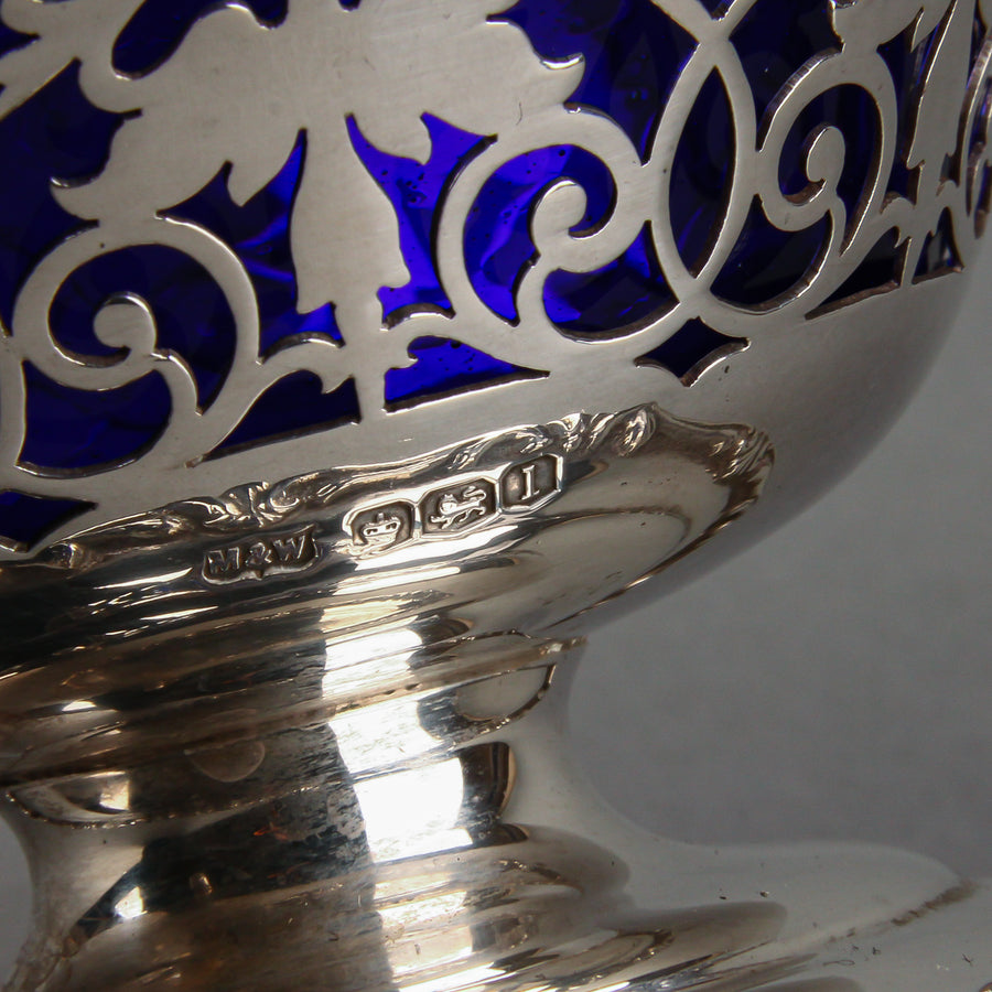 MAPPIN & WEBB Sterling Silver Footed Bowls with Handle & Cobalt Liner - Set of 2