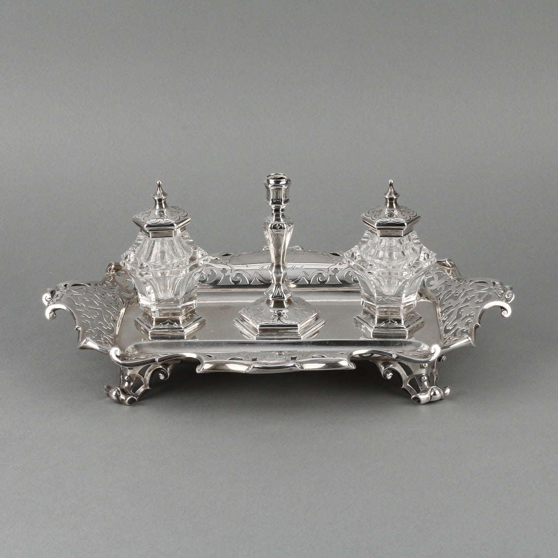 E. EJ. J. & W. BARNARD Sterling Silver Ink Stand with Crystal Inkwells