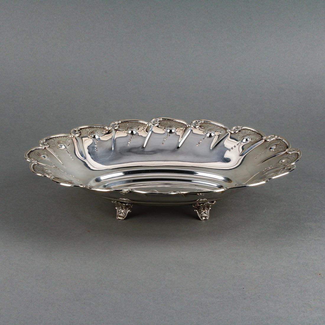 Sterling Silver Repousse & Engraved Oval Footed Bowl
