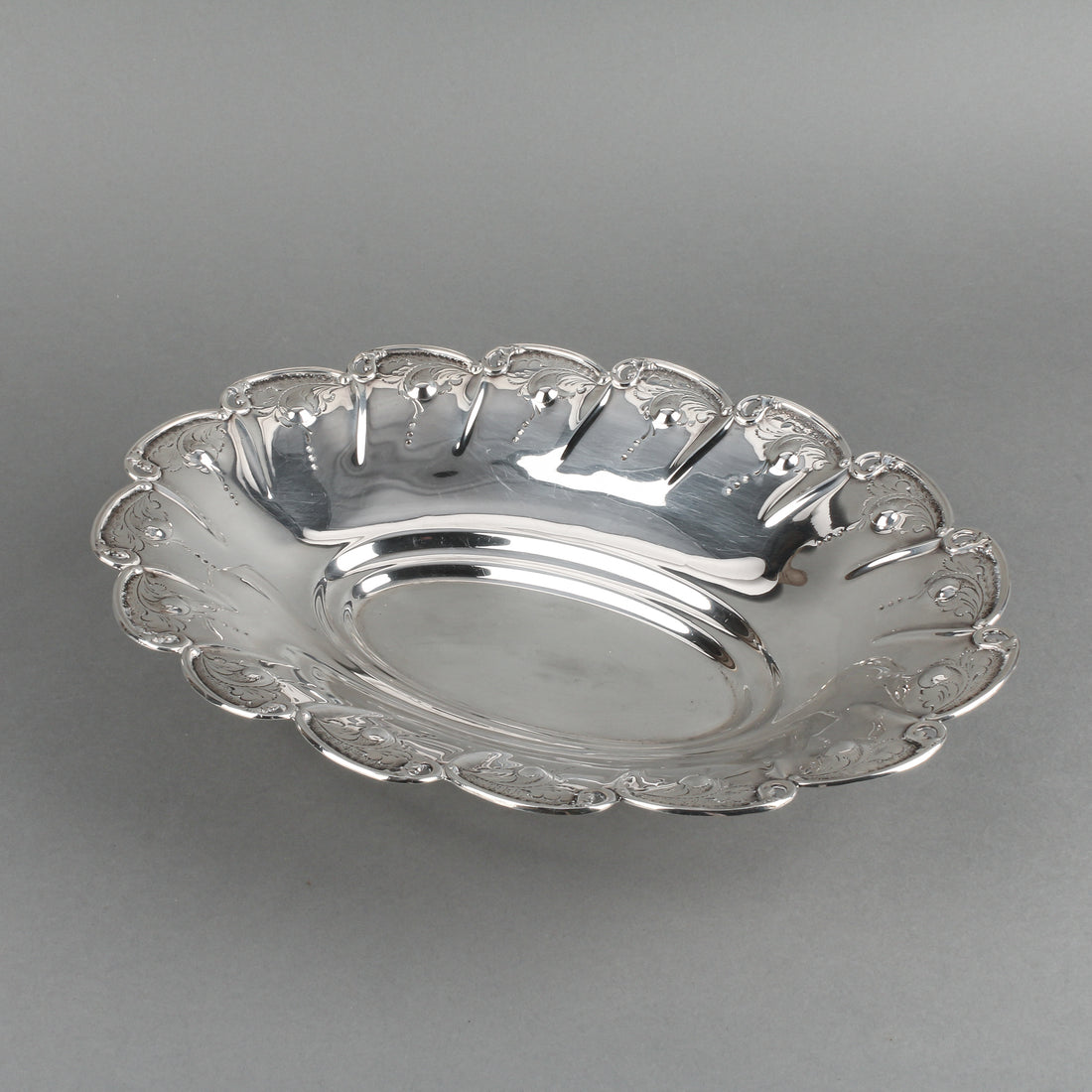 Sterling Silver Repousse & Engraved Oval Footed Bowl