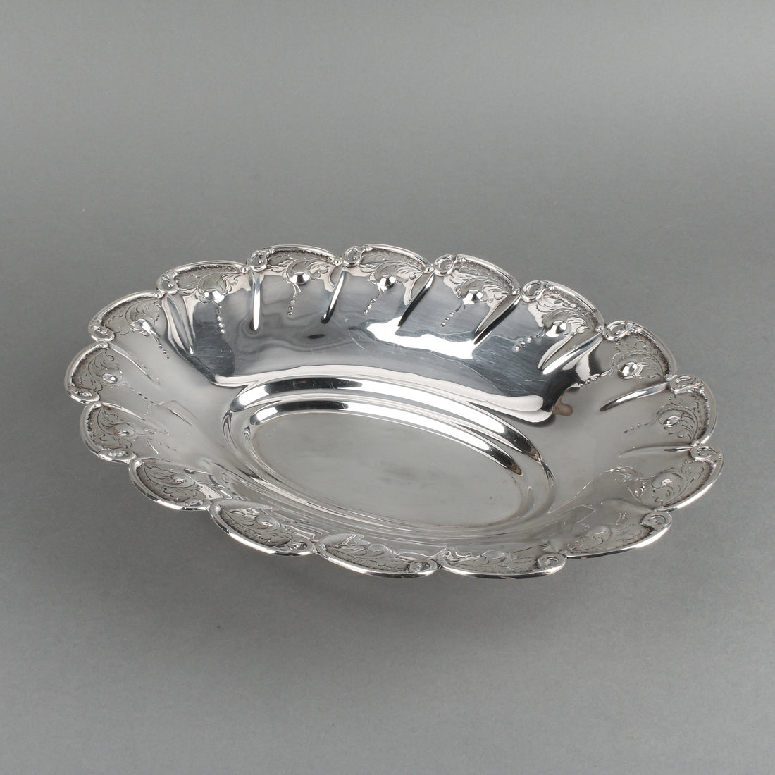 Sterling Silver Repousse & Engraved Oval Footed Bowl