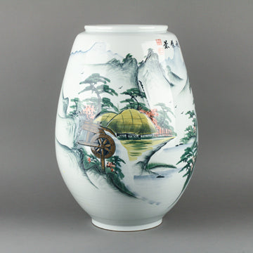 Asian Hand-Painted Scenic Ceramic Floor Vase