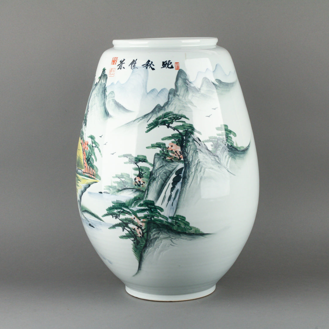 Asian Hand-Painted Scenic Ceramic Floor Vase