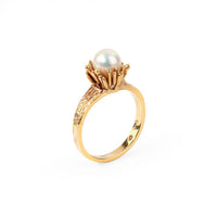 14K Yellow Gold Akoya Pearl Solitaire Textured Ring