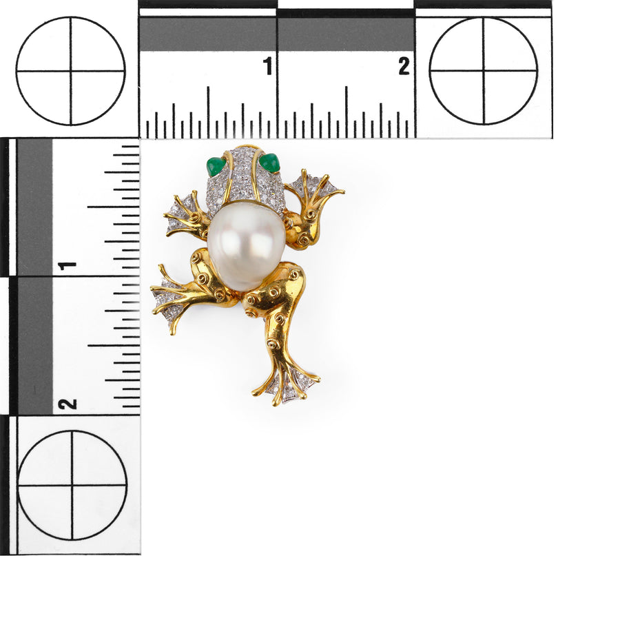18K 2Tone Pearl, Diamond & Emerald Frog Brooch