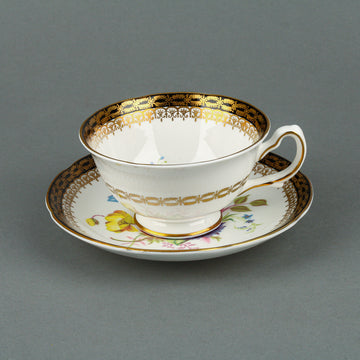 ROYAL GRAFTON Hand-Painted Black & Gold Rim Cup & Saucer Floral